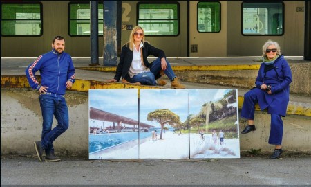 Wien Westbahnpark Projektinitiatorinnen mit Bild auf Bahnsteig