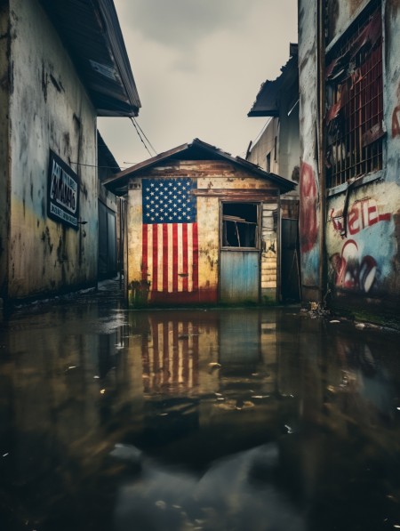American house flooded in dystopian scene