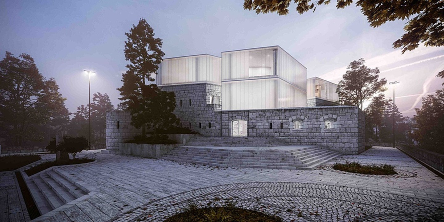Burgruine ergänzt mit moderner Architektur, Rendering Valter Forum Vraca Sarajevo